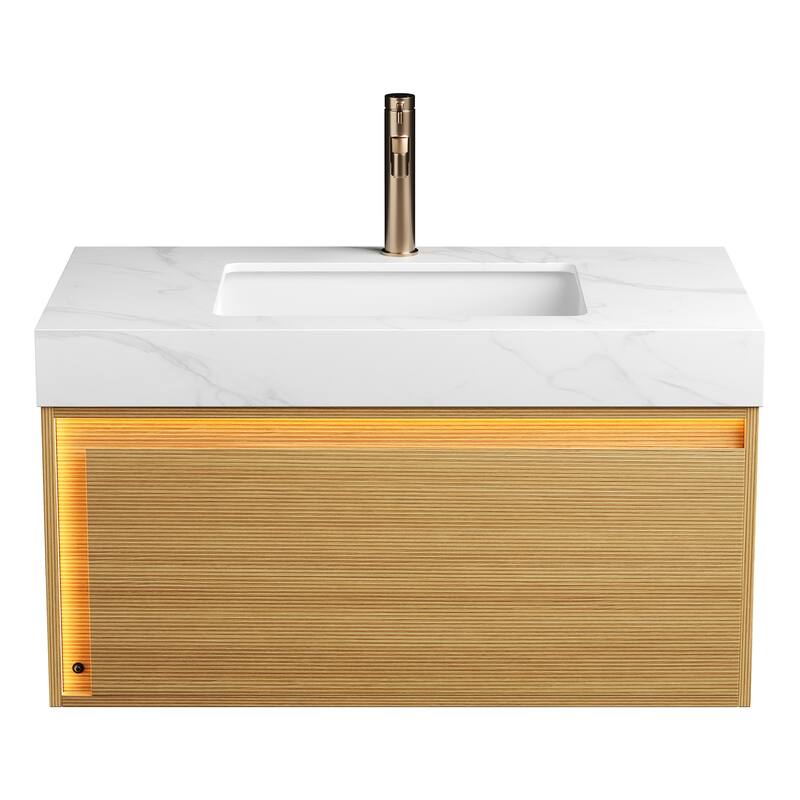 GDFStudio - Nyah Modern Floating Bathroom Vanity with Ultra-Slim Grille Drawer, Sensor Light & Carrara White Sintered Stone Top