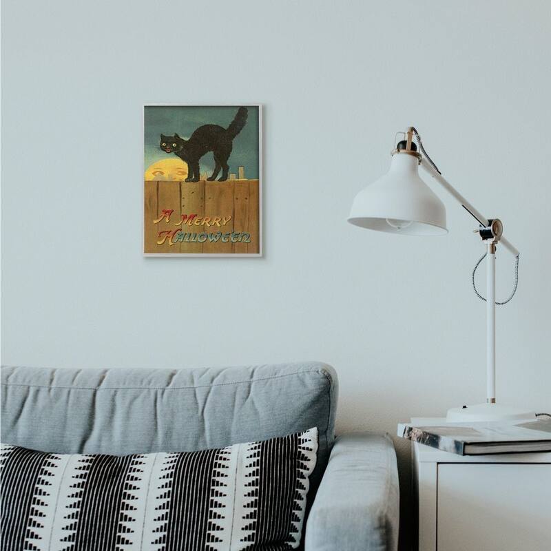 Stupell A Merry Halloween Black Cat Fence Seasonal Holiday Design Framed Wall Art