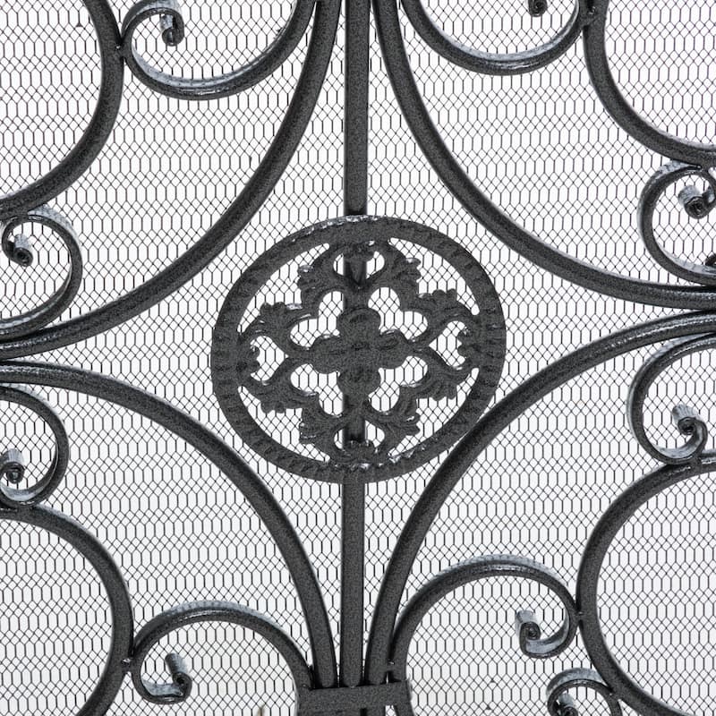 Roomfitters Iron Fireplace Screen, Ornate Scrollwork Spark Guard, Decorative Mesh Fireguard for Hearth Safety, Black