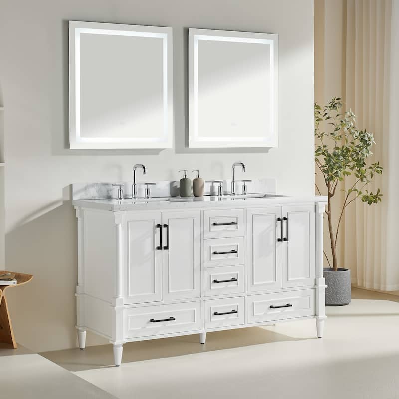 GDFStudio - Modern 60" Freestanding Bathroom Vanity with Dual Engineered Carrara Marble, Fully Assembled