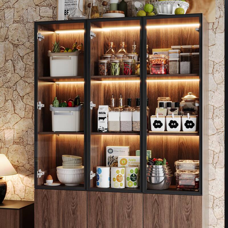 Bookshelves Bookcase Modular Glass Display Cabinet with LED Lights, Dark Wood Storage Combination Cabinet System