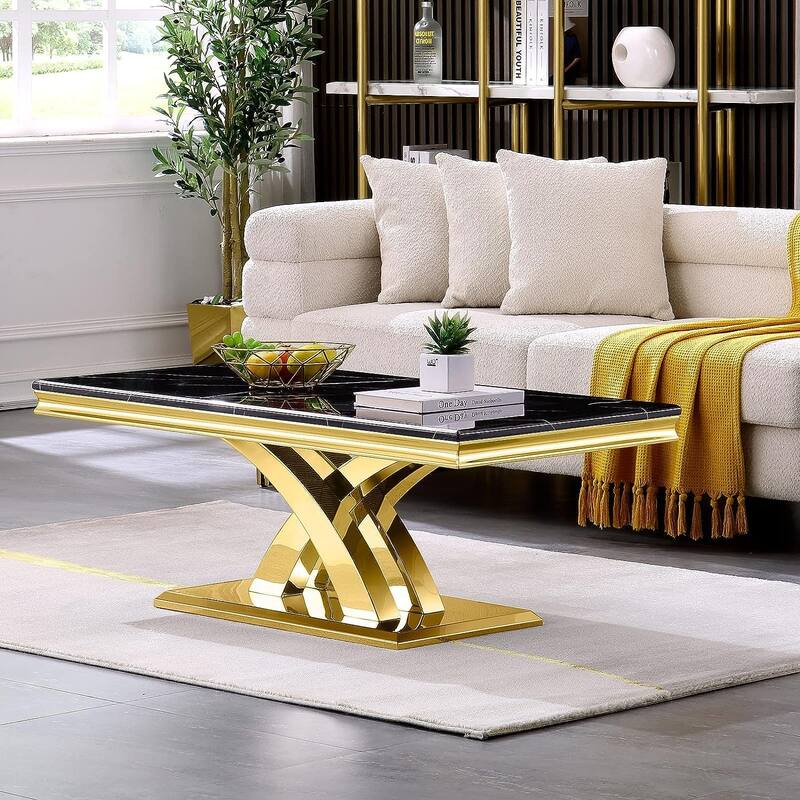 Modern Coffee Table 48‘’ Rectangular Coffee Table with X Base Pedestal Coffee Tables for Living Room - Gold