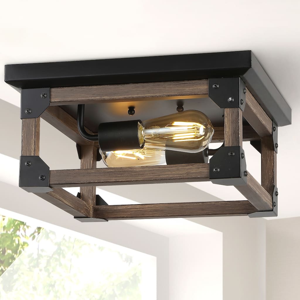 Frisco 13" 2-Light Iron Rustic Farmhouse LED Flush Mount, Brown/Black by JONATHAN Y