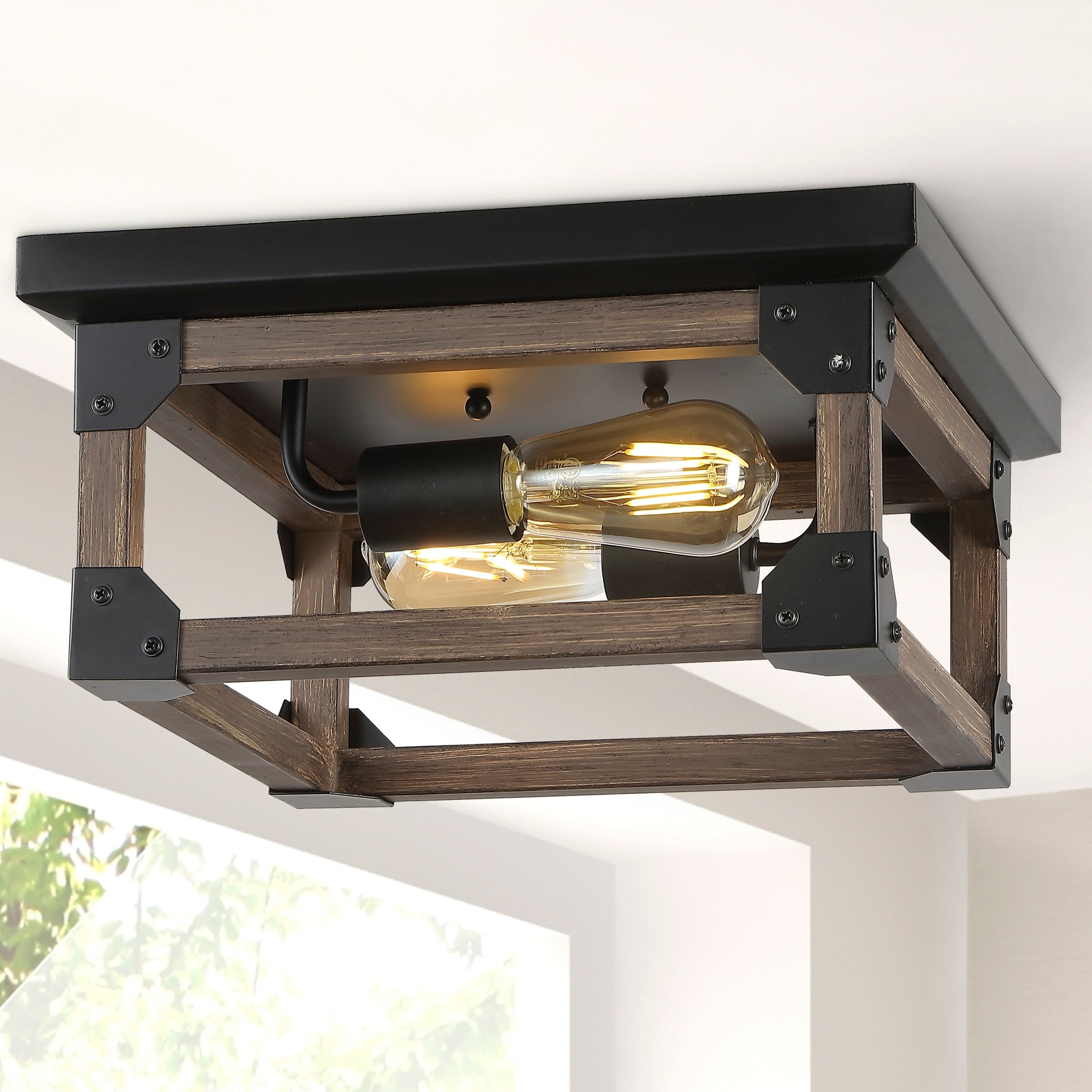 JONATHAN Y Frisco 13" 2-Light Iron Rustic Farmhouse LED Flush Mount, Brown/Black