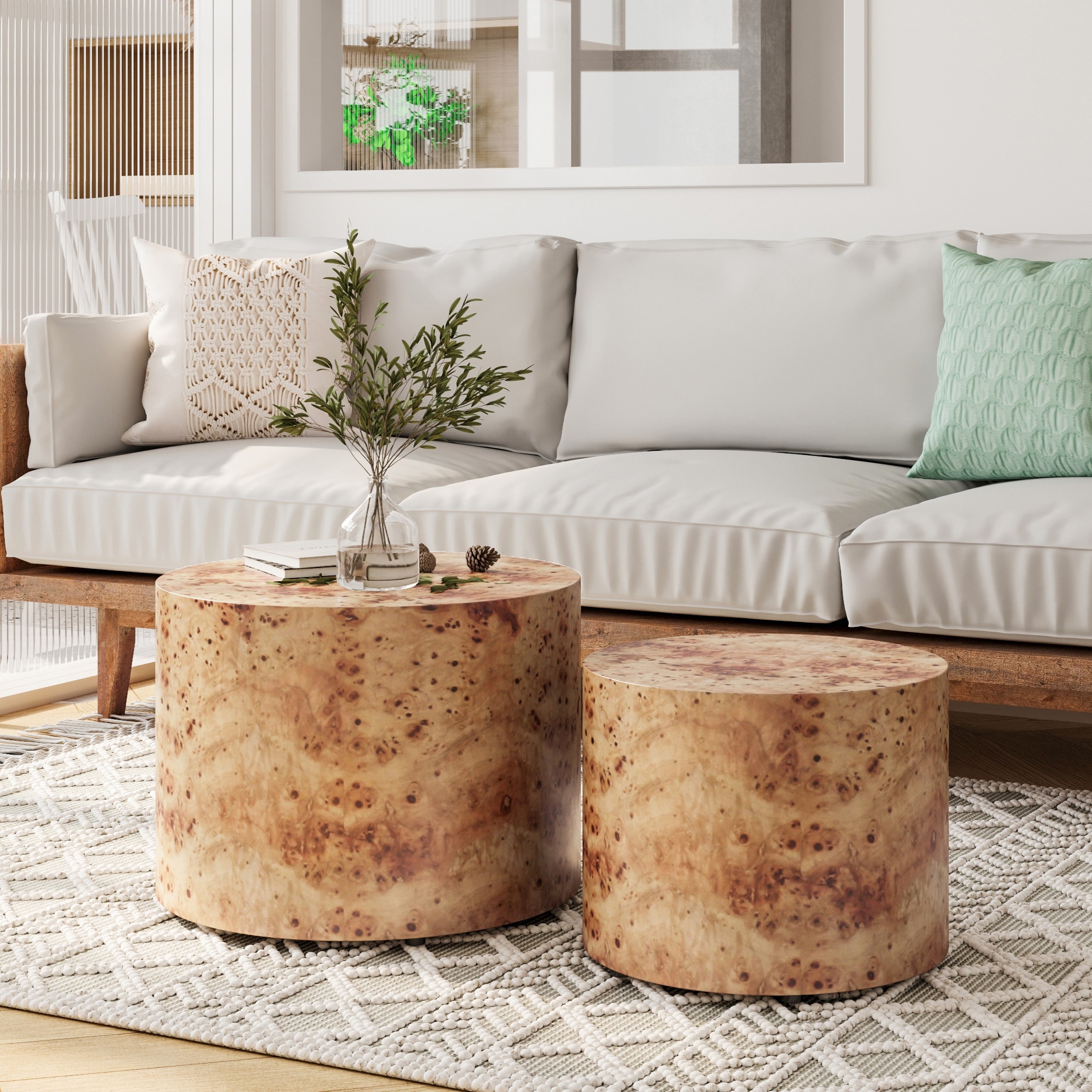 Rustic Nesting Table Coffee Table Set of 2, Accent Table Drum Side Table Round Sofa Table Center Table