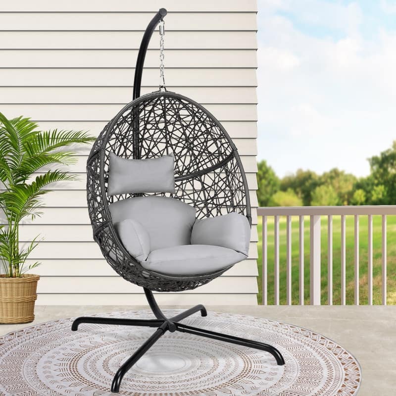 Oversized Outdoor Egg Chair with Stand, 450lbs Capacity Wicker Hanging Swing Chair, Extra Large Patio Lounge Chair with Cushions