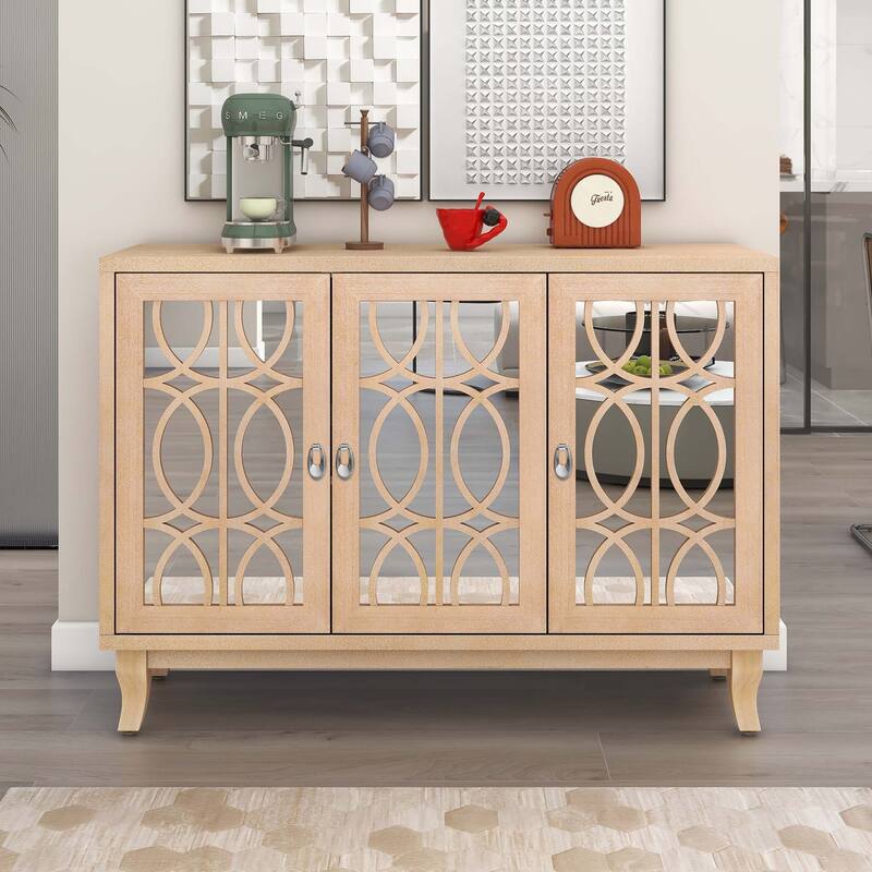 Sideboard with Glass Doors and Silver Handle for Living Room