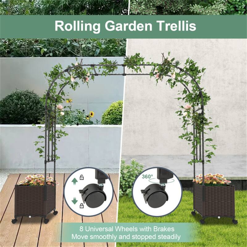 Metal Garden Arbor with Planter Boxes Drainage System and Mobile Design for Backyard and Deck - 80" x 16" x 113" (L x W x H)