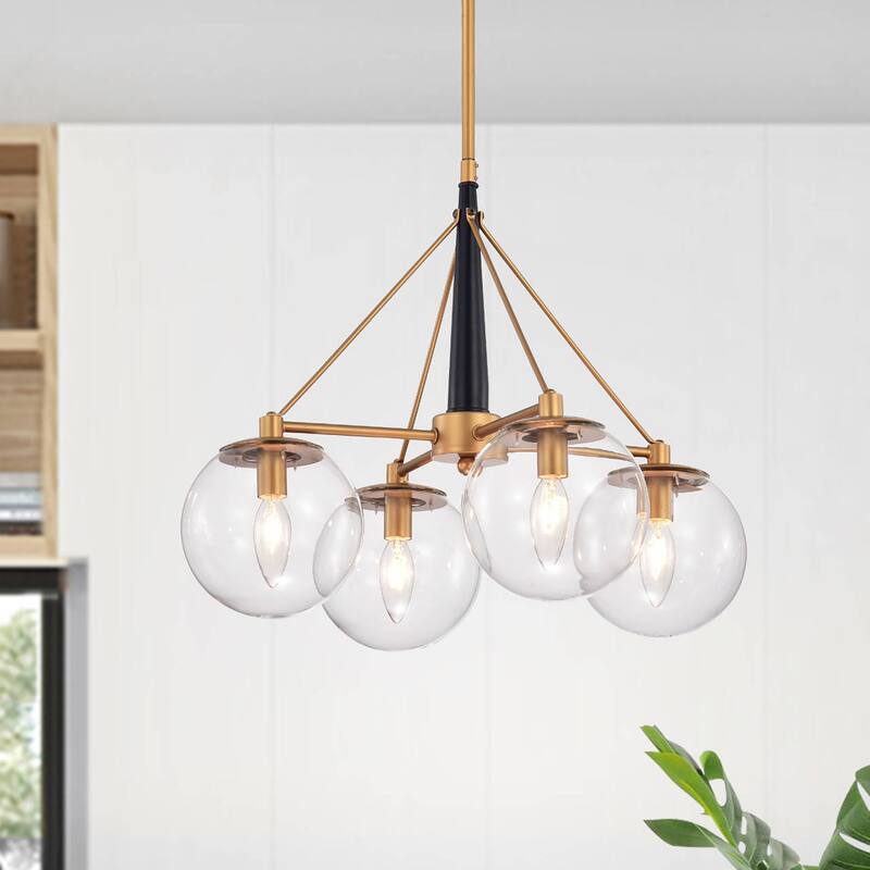 Fidel Matte Black+Gold 4-Light Chandelier with Clear Glass Globe Shades