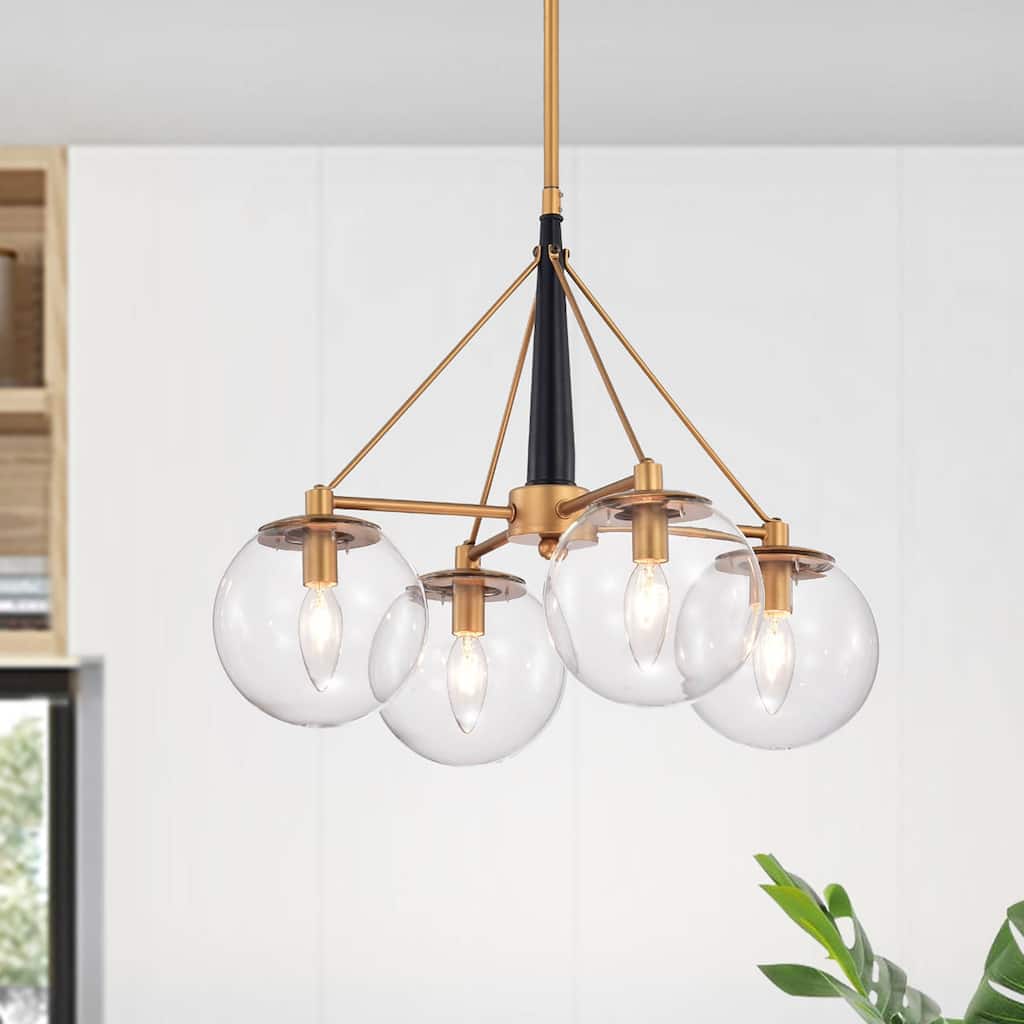 Fidel Matte Black+Gold 4-Light Chandelier with Clear Glass Globe Shades