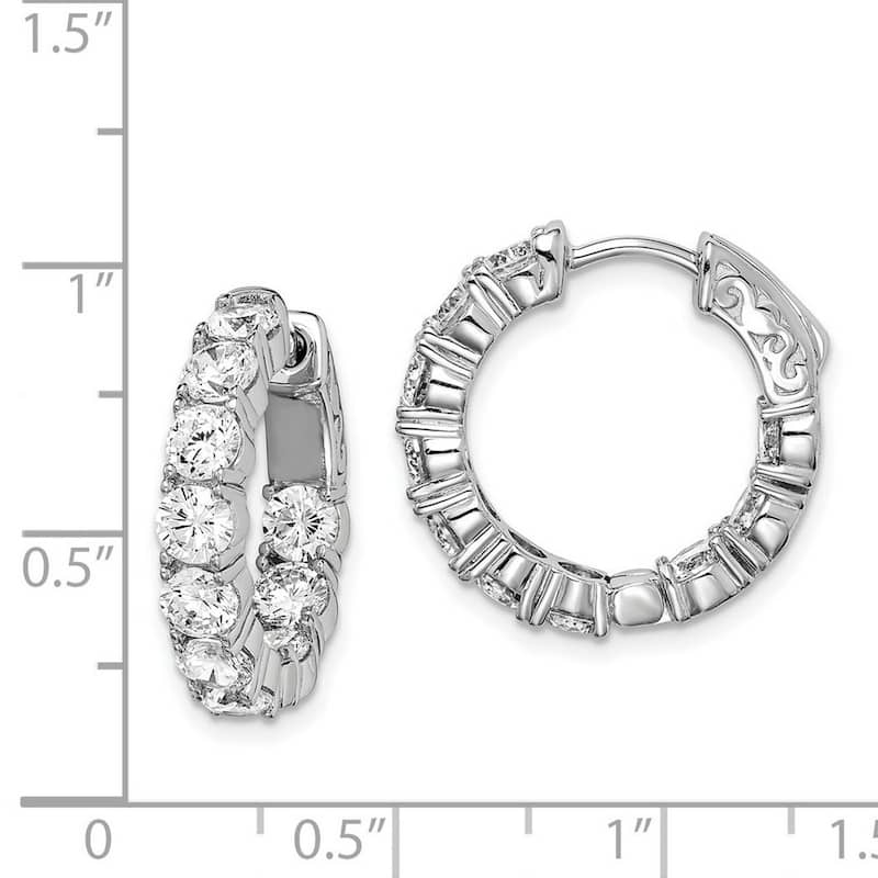 Curata 925 Sterling Silver Polished Safety clasp Rhodium Plated With CZ Cubic Zirconia Hinged Hoop Earrings