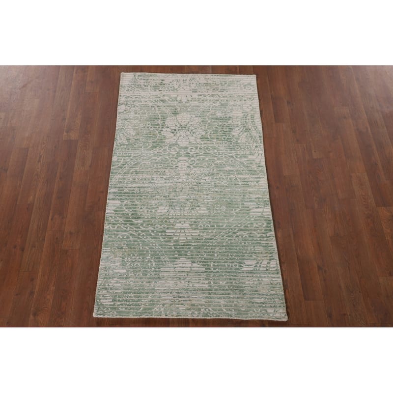 Striped Green Modern Abstract Accent Rug Handmade Wool Carpet - 2'8"x 4'9"