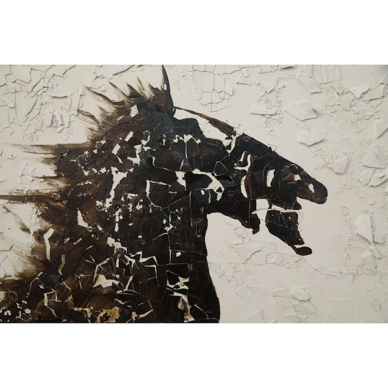 Hand Painted Galloping Horse Neutral Tones Textured Canvas Wall Art - Black
