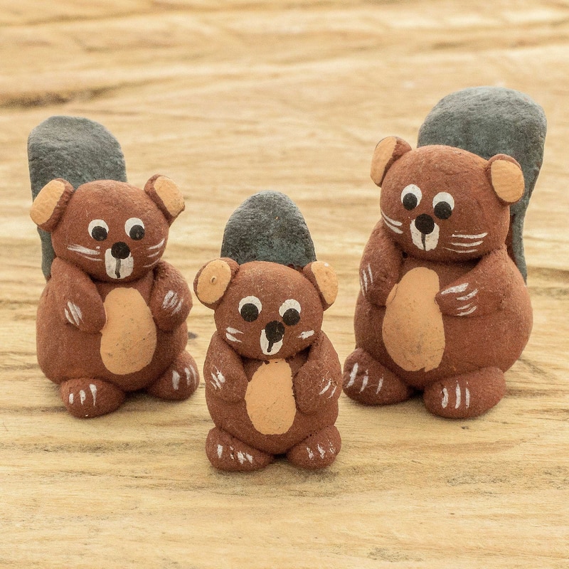 Novica Handmade Beaver Family Ceramic Figurines (Set Of 3)