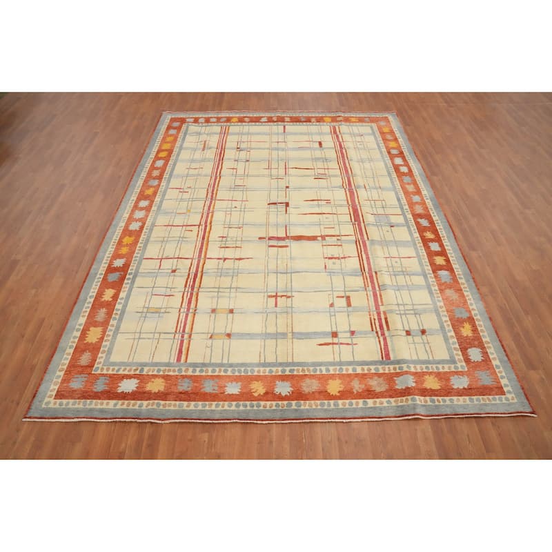 Hand Knotted Oriental 100% Wool Carpet Modern Geometric Beige & Ivories Gabbeh Area Rug - 11' 10'' X 9' 2''