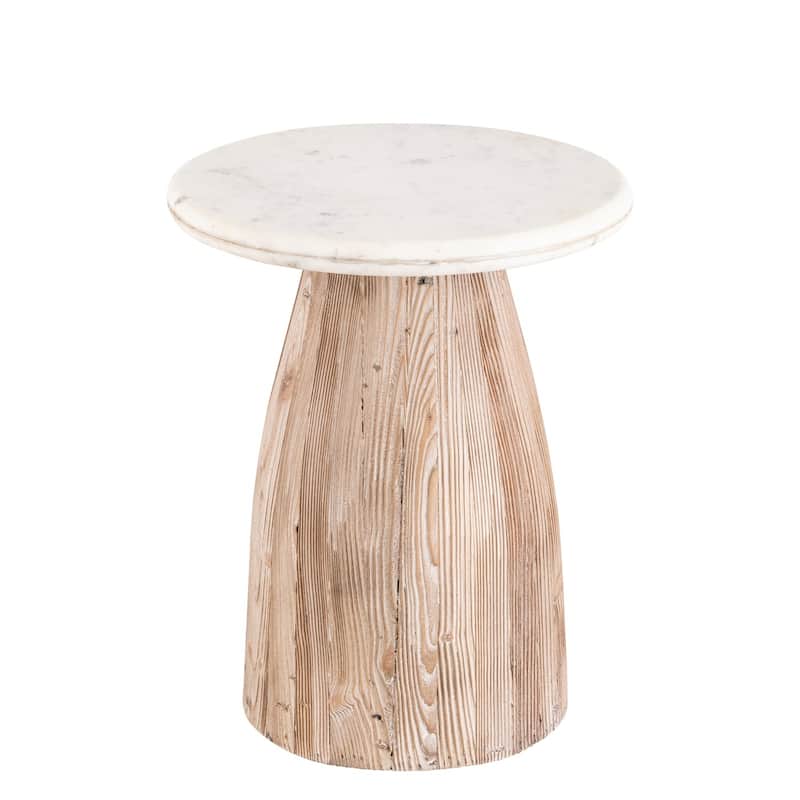 Round Wooden Side Table with Marble Top - 22" - Beige and White