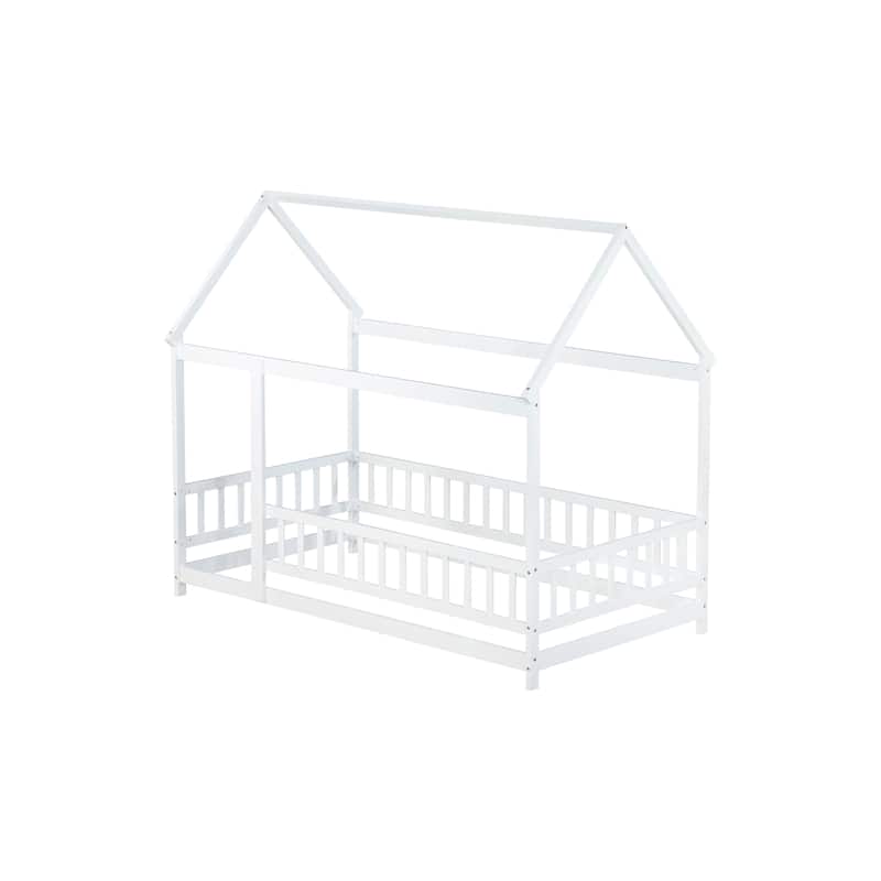 Twin Size House Floor Wooden Bed with Roof Frame,Safety Guardrails