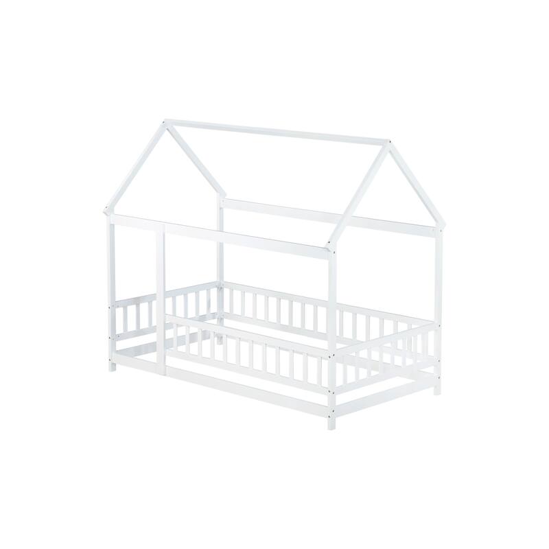 Twin Size Wooden House Floor Bed with Roof Frame and Safety Guardrails