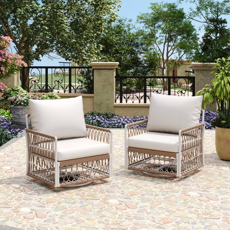 [Set of 2] 360° Swivel Bohemian Outdoor Lounge Chair with Handwoven Rope & Powder-Coated Steel Frame, Waterproof Cushions - Beige+Natural