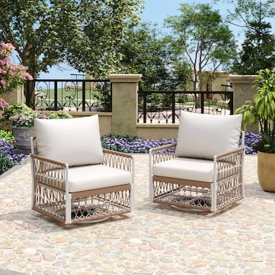 [Set of 2] 360° Swivel Bohemian Outdoor Lounge Chair with Handwoven Rope & Powder-Coated Steel Frame, Waterproof Cushions