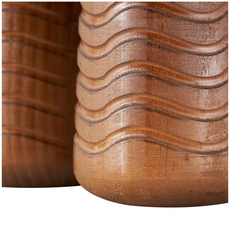 Brown Wood Decorative Vase with Carved Wavy Designs (Set of 2)