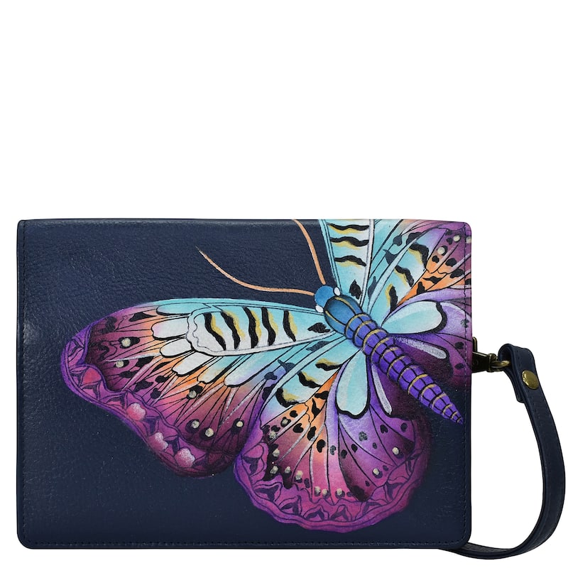 Handpainted Leather Ladies Two Fold Wallet On a String - Magical Wings Navy