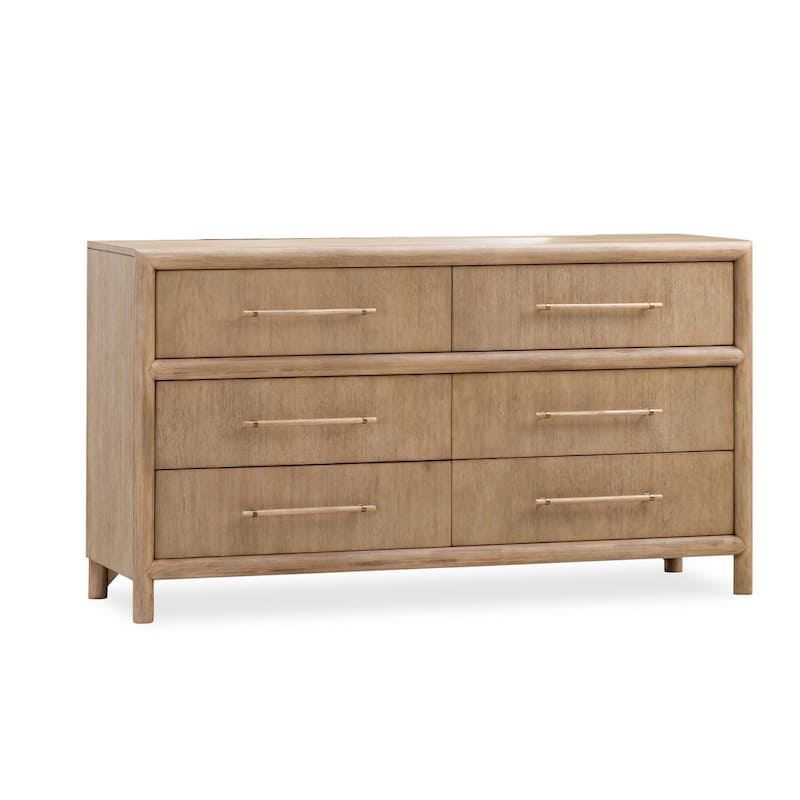 Dory 66 Inch Dresser, 6 Drawers, Bar Handles, Wire Brushed Brown Wood - Brown - 6-drawer