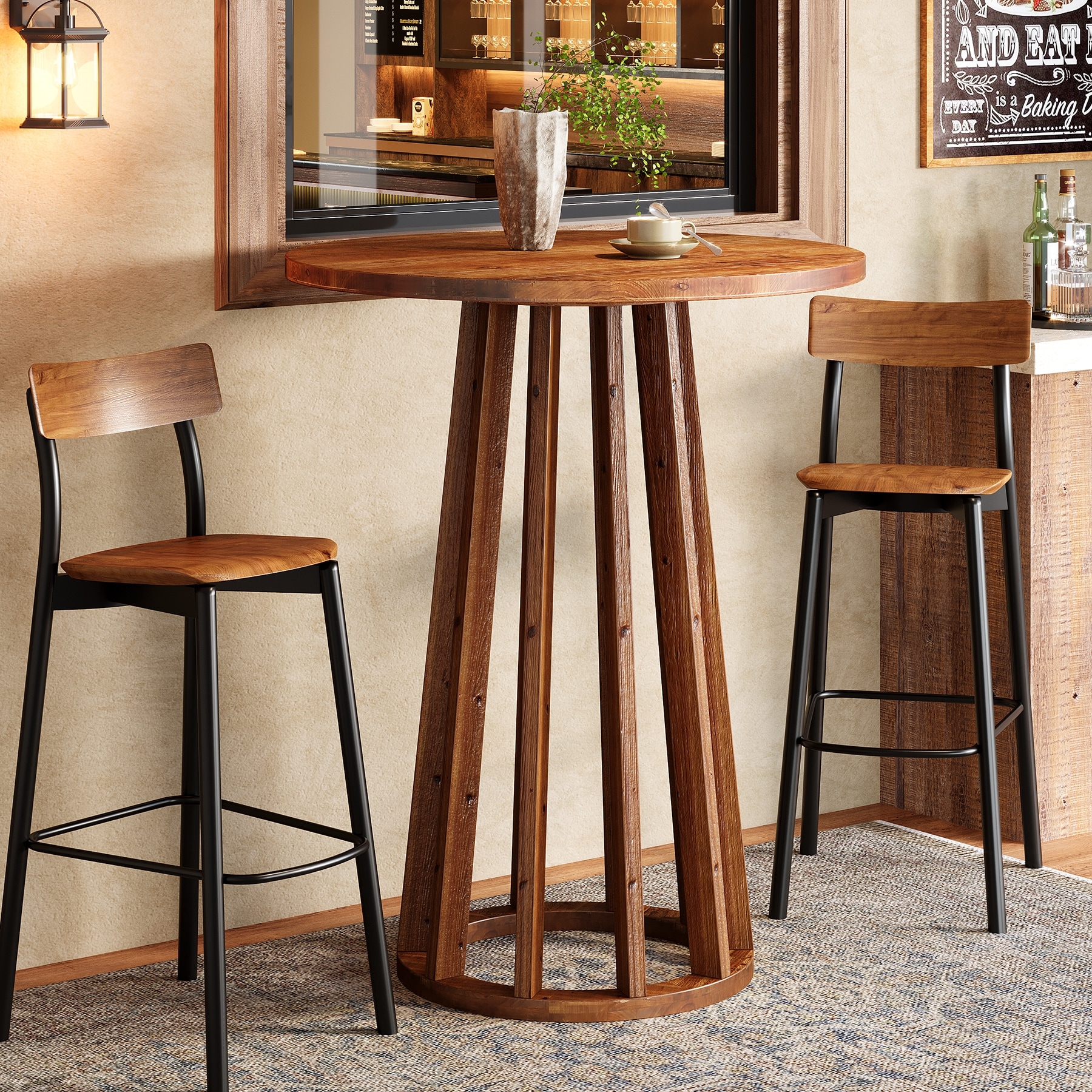 37" H Modern Round Solid Wood Bar Table,Small Pub Cocktail Tables for Dining, Cafe, Living Room, Apartment, Balcony