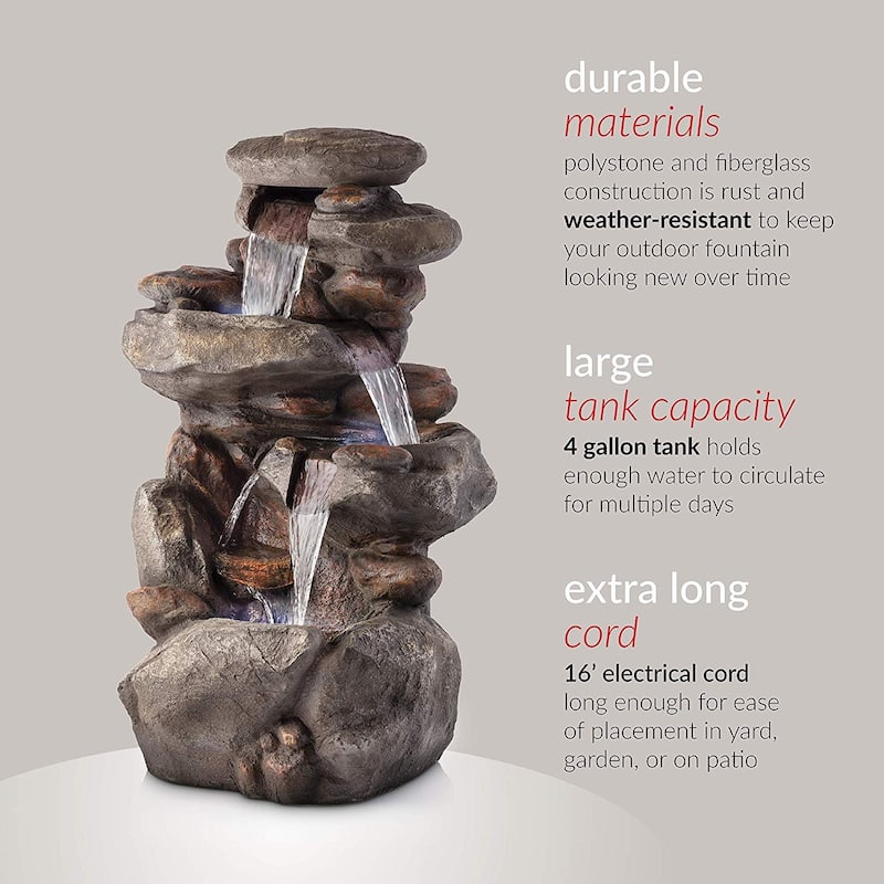Alpine Corporation 40" Light Gray Outdoor 4 Tier Rock Water Fountain with LED Lights