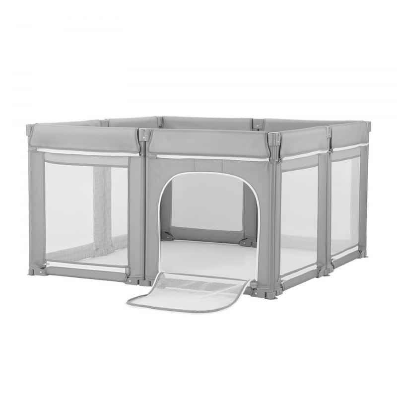 Foldable Grey Baby Fence with Mesh Walls Modular Playpen Design for Indoor and Outdoor Use - 50" x 50" x 27.36"