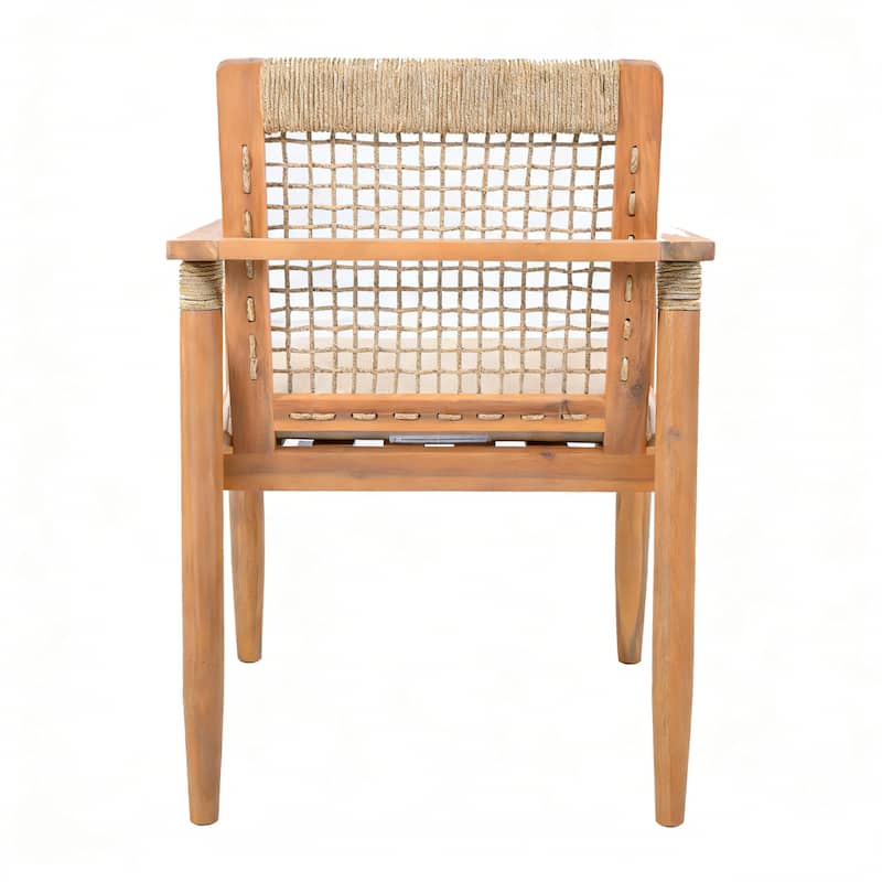 Christopher Knight Home - Caldera Outdoor Acacia Wood Patio Dining Chairs with Rope Woven Backrest and Cushions, Set of 2