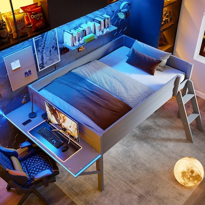 Full Size Wood Gaming Loft Bed with LED Desk & Storage (400lb Capacity)