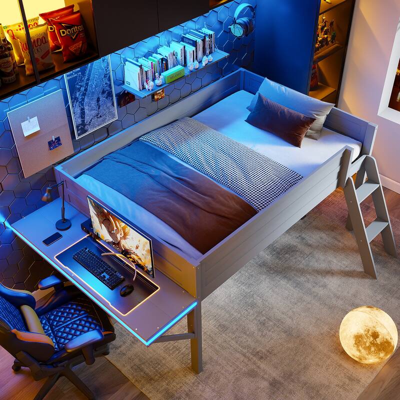 Wood Gaming Loft Bed with Desk and LED Lights