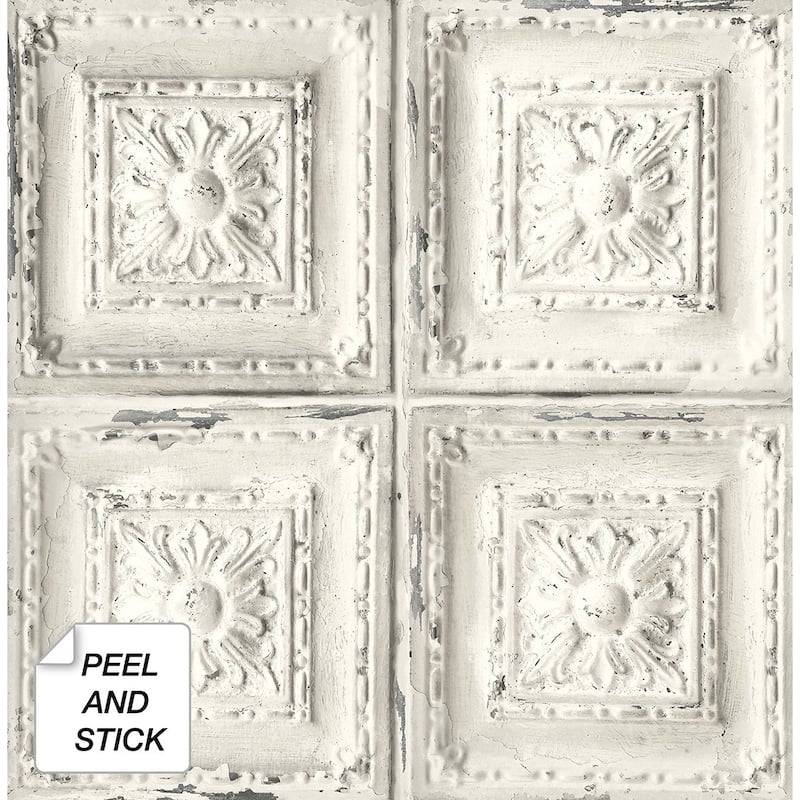NextWall Distressed Tin Tile Peel and Stick Removable Wallpaper - 20.5 in. W x 18 ft. L - 20.5 in. W x 18 ft. L - Cream & Charcoal