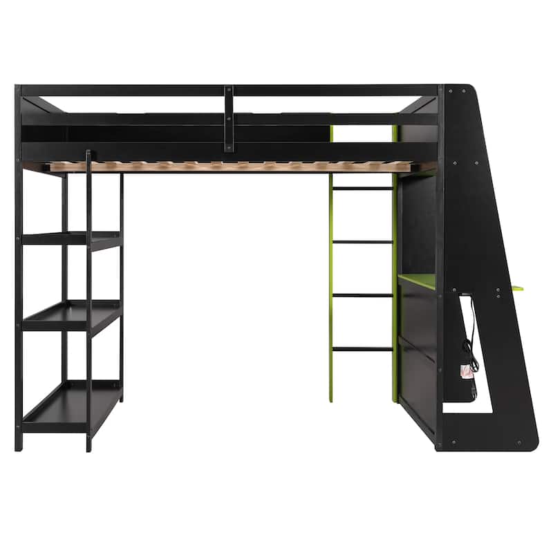 Full Size Gaming Loft Bed Station with Desk, Storage Shelves & RGB LED Lights