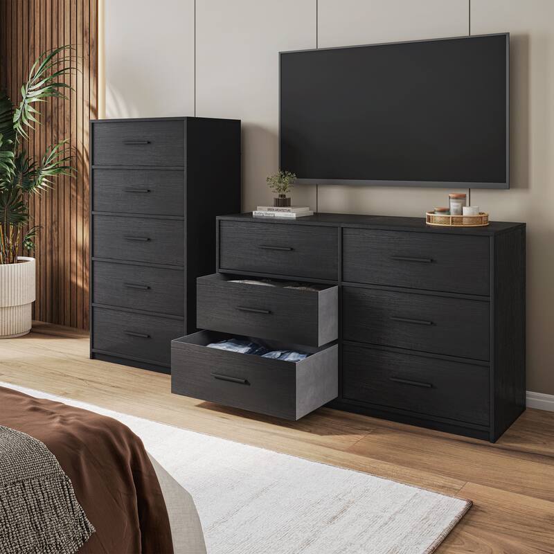 6 Drawer Dresser with Fabric Drawers and MDF Frame Modern Storage - Black