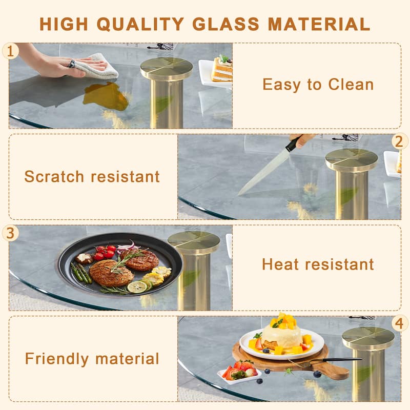 5-Piece Round Dining Table Set, 35 Inch Tempered Glass Top with Metal Base & 4 High-Resilience Fabric Chairs