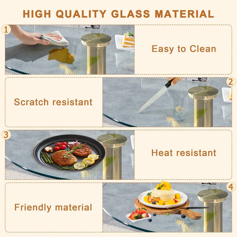 Table and chair set.A 35" Transparent Tempered Glass Round Dining Table-Gold Metal Bracket and Base.Paired with 4 BLACK