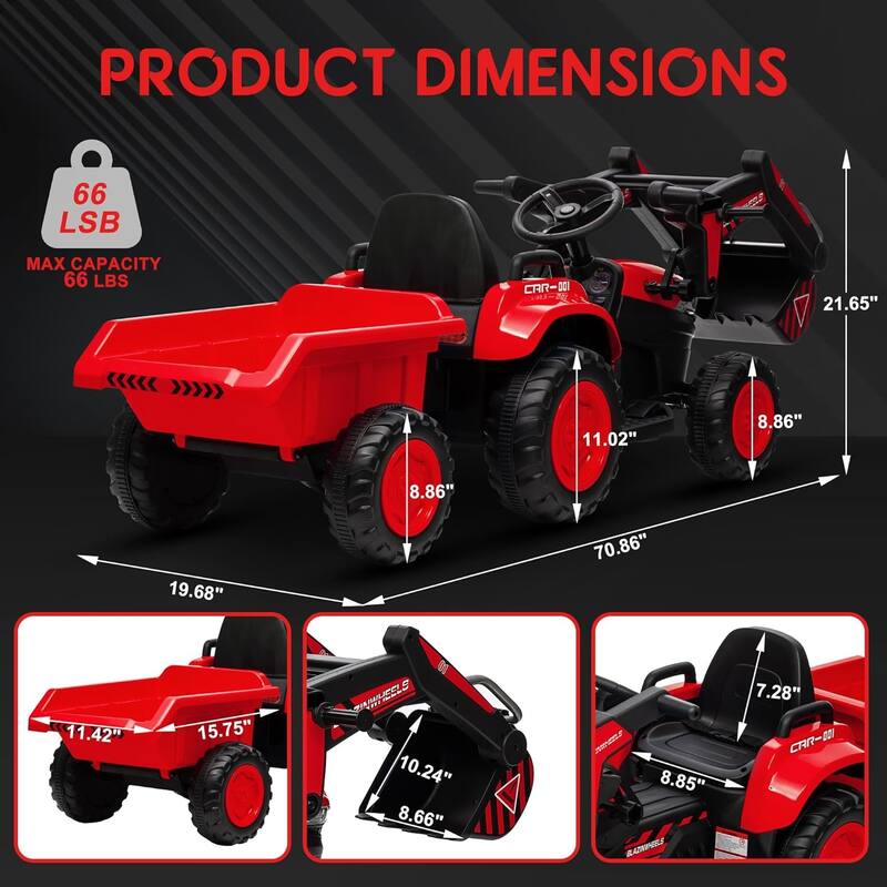 12V Kids 3 in 1 Ride on Excavator & Tractor with Detachable Trailer