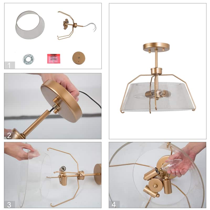 Clarise Glam Gold Semi Flush Mount Seeded Glass Dimmable Ceiling Light - D13"xH11.5"