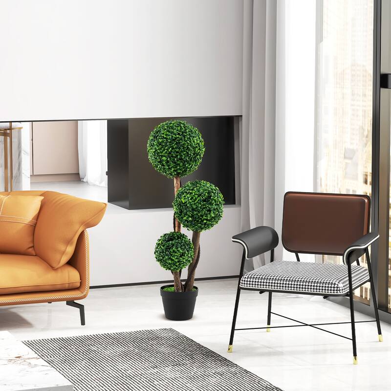 Gymax 36'' Faux Potted Plant w/3 Topiary Balls Solid Wood Trunks Mimic