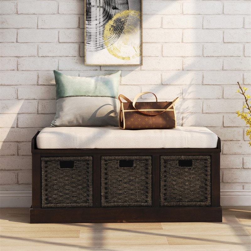 Cushioned Entryway Storage Bench 3 Removable Rattan Basket Big