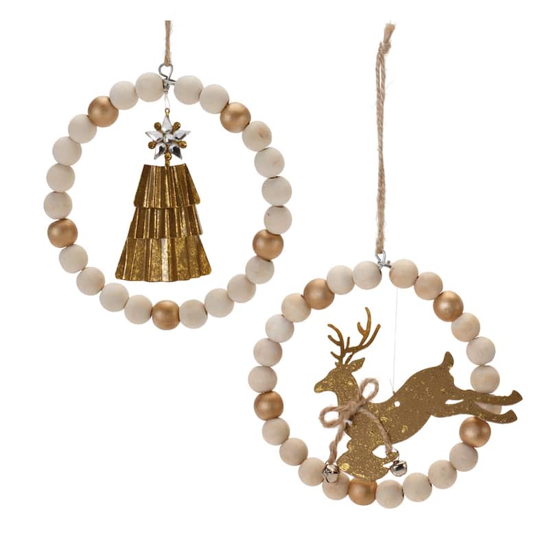 Beaded Wood Tree and Deer Christmas Ornaments - 5.5" - Gold and Beige - 6ct