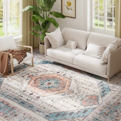 HOMCOM 8x10 Area Rug, Vintage Machine Washable Rug, Non-Slip Floor Carpet for Living Room, Bedroom, Dining Room, Home Office