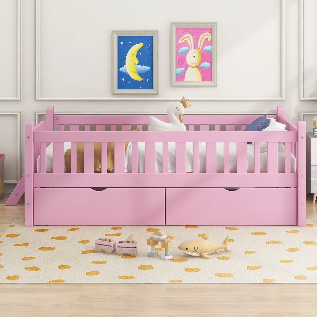 Wood Twin Size Platform Bed with Guardrail and 2 Drawers
