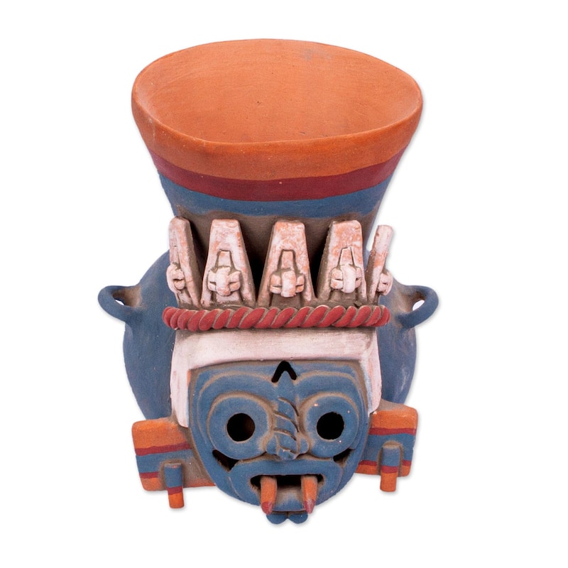 Novica Handmade Tlaloc Replica Ceramic Vessel - Blue