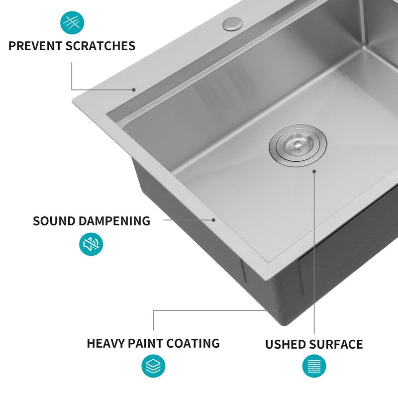 33 Inch Drop-in Single Bowl 16 Gauge Stainless Steel Kitchen Sink with Cup Washer in Brushed Nickel - 33'' x 22'' x 10''