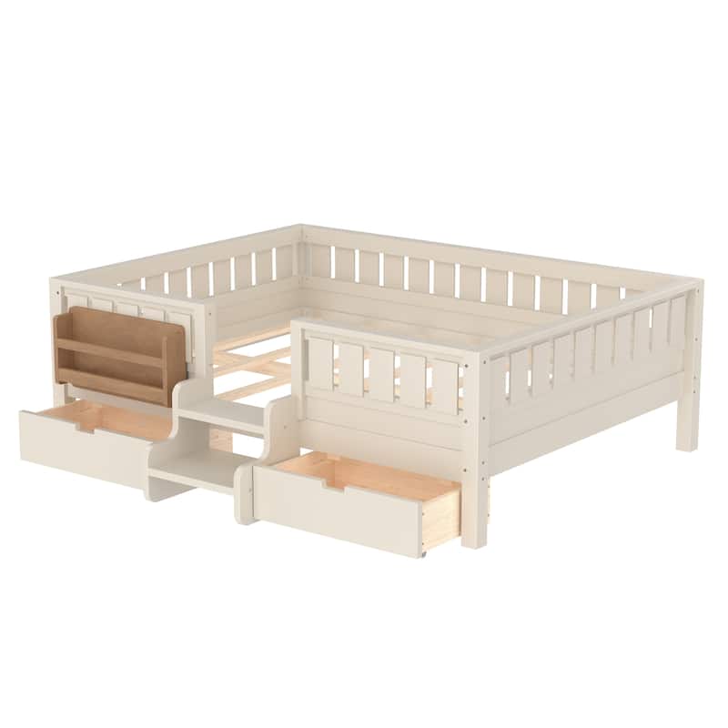 Multiple Colors Toddler Montessori Bed Children's Platform Bed with Low Profile Stairs, Built-in Bookshelf and Storage Drawers