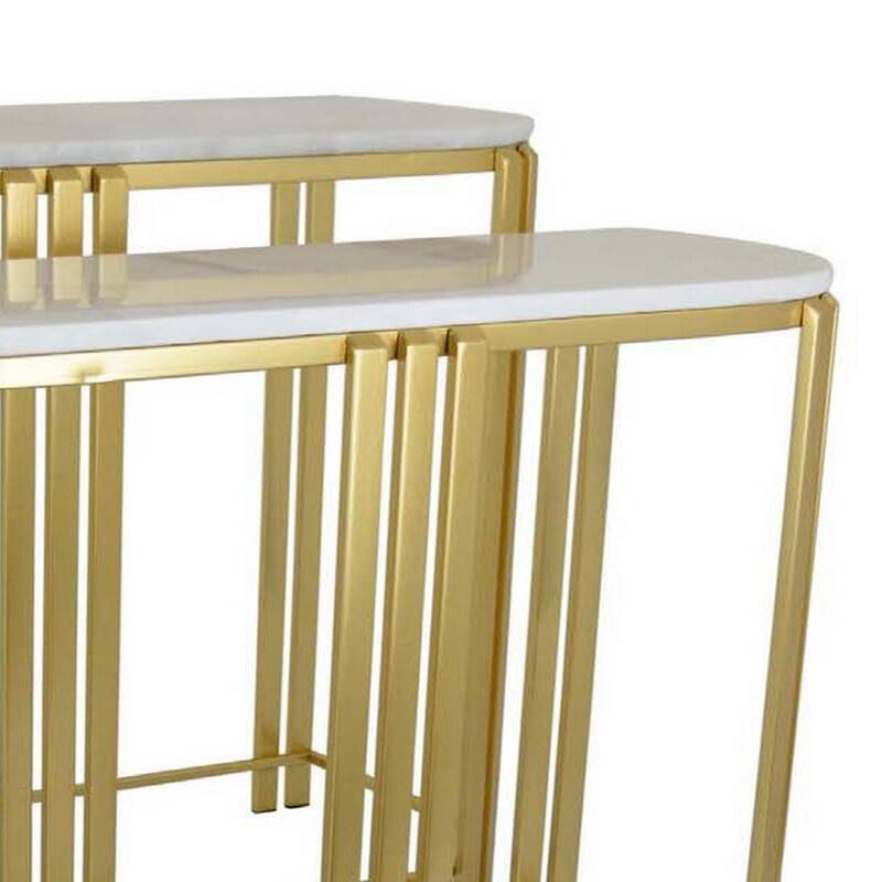 Set of 2 Accent Nesting Tables, Marble Top, Sleek Modern Gold Metal Frame