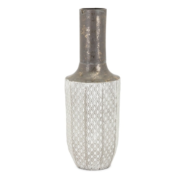 Large Size Metal Vase with Lattice Diamond Pattern, Gray and Beige